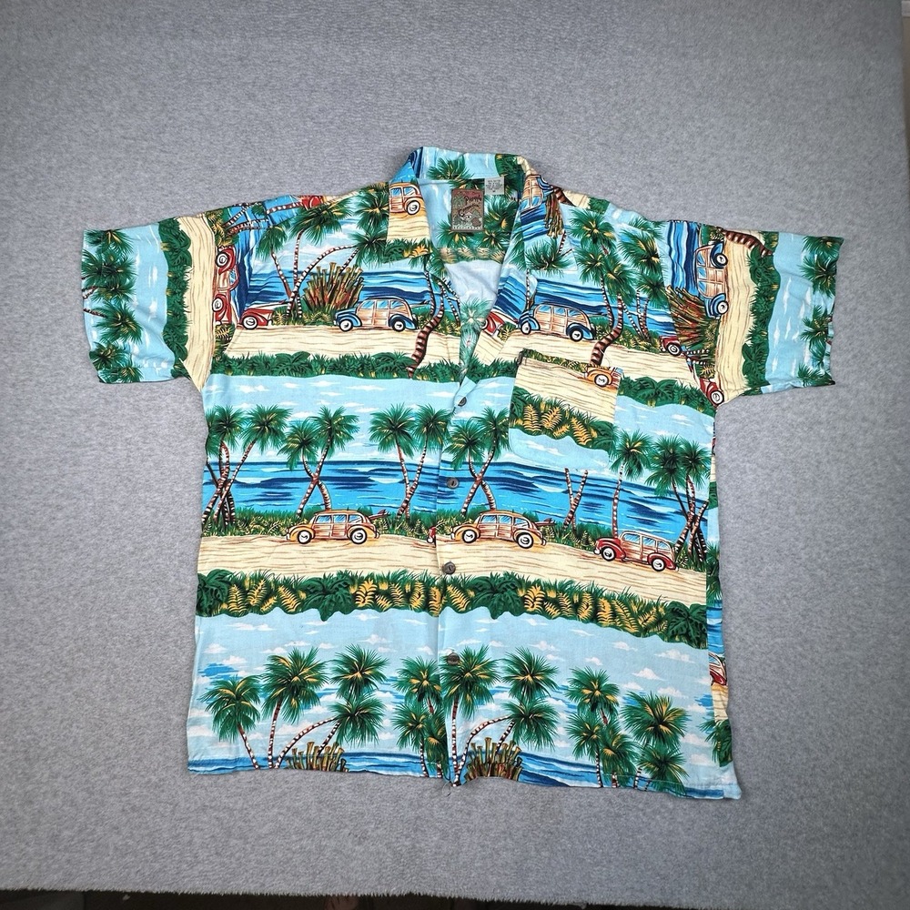 Vintage Pineapple Connection Hawaiian Shirt Mens M Aloha Rayon‎ Car Print NOTE